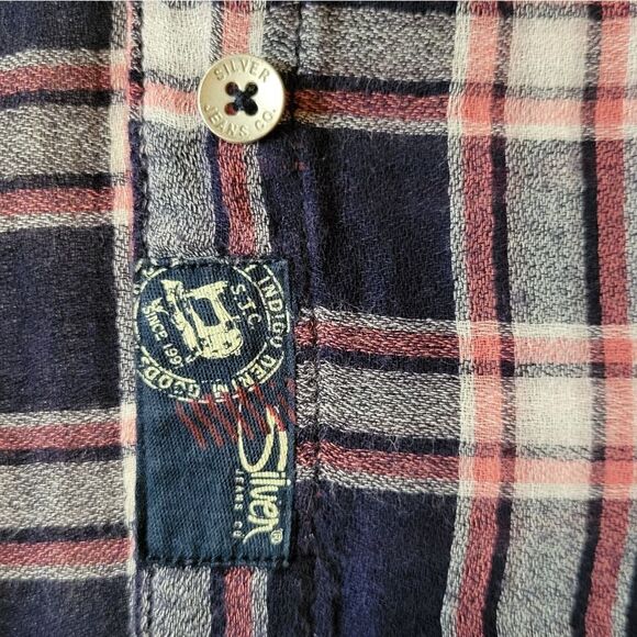 Silver Jeans Co. Navy Plaid Long Sleeve Button-Down Blouse - Picture 12 of 16